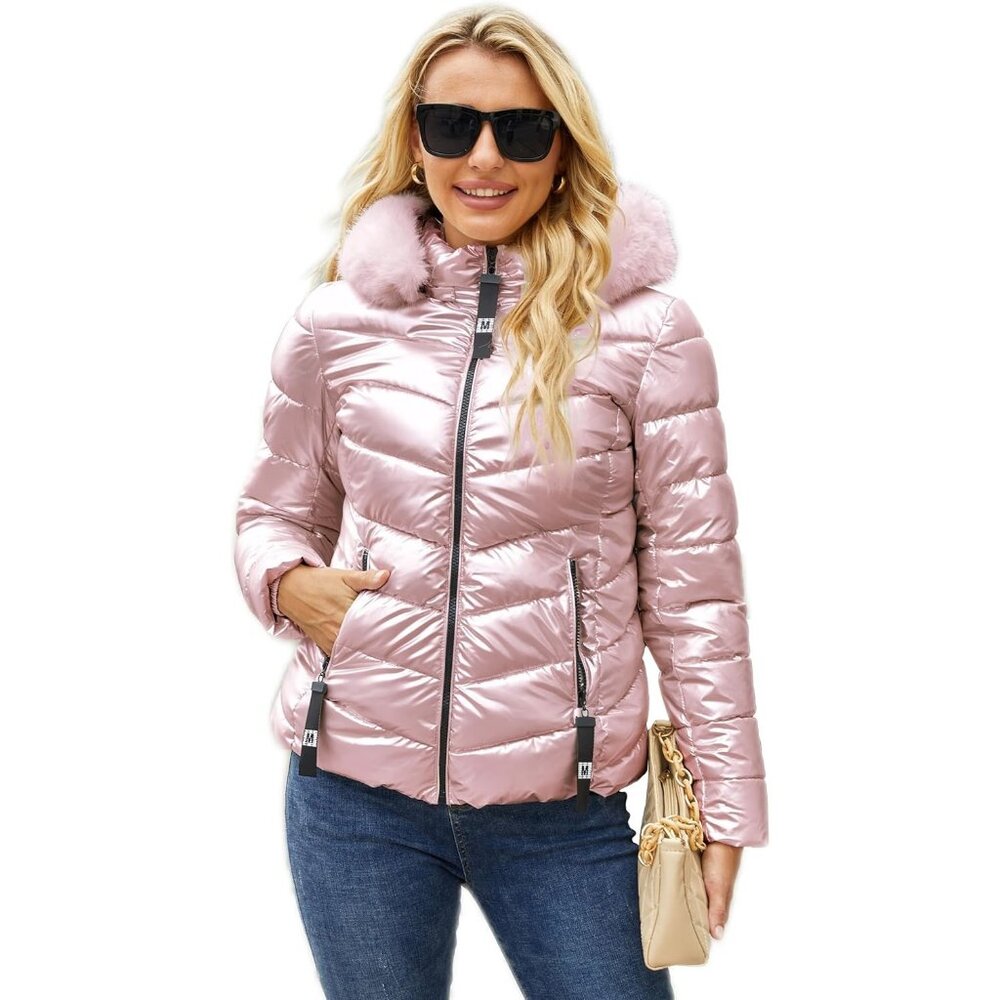Women's Pink 100% Polyester Shinny Zip-Up Winter Warm Quilted Puffer Jacket